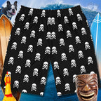 Men's Board Shorts with skull and crossbones over huge wave and couple of surfboards with a laughing tiki in the foreground along with Tater the SurfDog and a Rubber Chicken. But really, it's all about the Bongo Beachwear Board-Shorts.