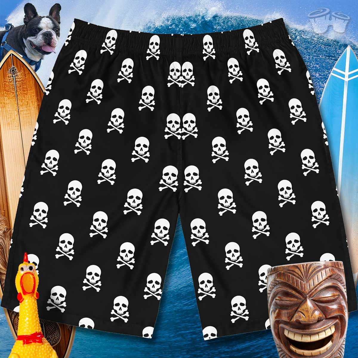 Men's Board Shorts with skull and crossbones over huge wave and couple of surfboards with a laughing tiki in the foreground along with Tater the SurfDog and a Rubber Chicken. But really, it's all about the Bongo Beachwear Board-Shorts.
