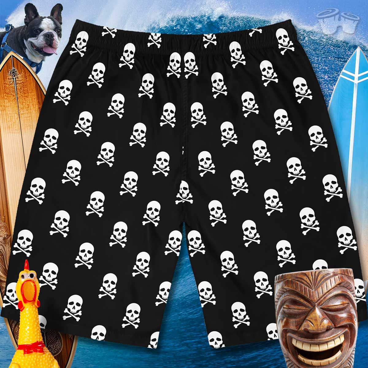 Back of Men's Board Shorts with skull and crossbones pattern