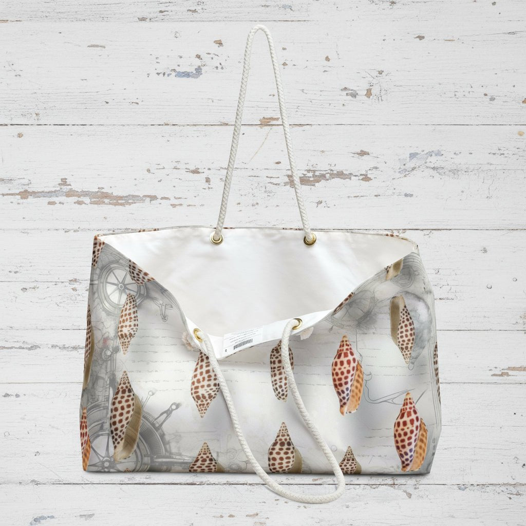 Patterned handbag with a white strap on a wooden surface