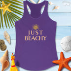 Just Beachy Women's Tank Top in purple with sun design, perfect for summer beach days and casual outings.