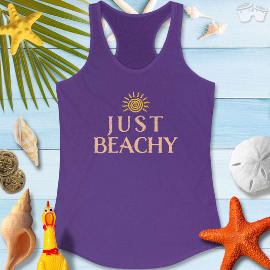 Just Beachy Women's Tank Top in purple with sun design, perfect for summer beach days and casual outings.