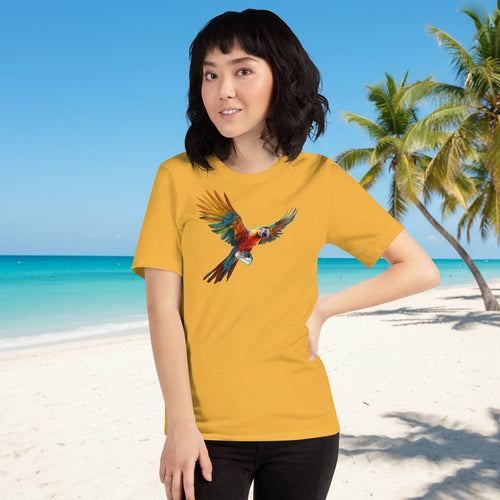 Woman wearing a gold ParrotHead t-shirt with a parrot design on a on a Key West Beach