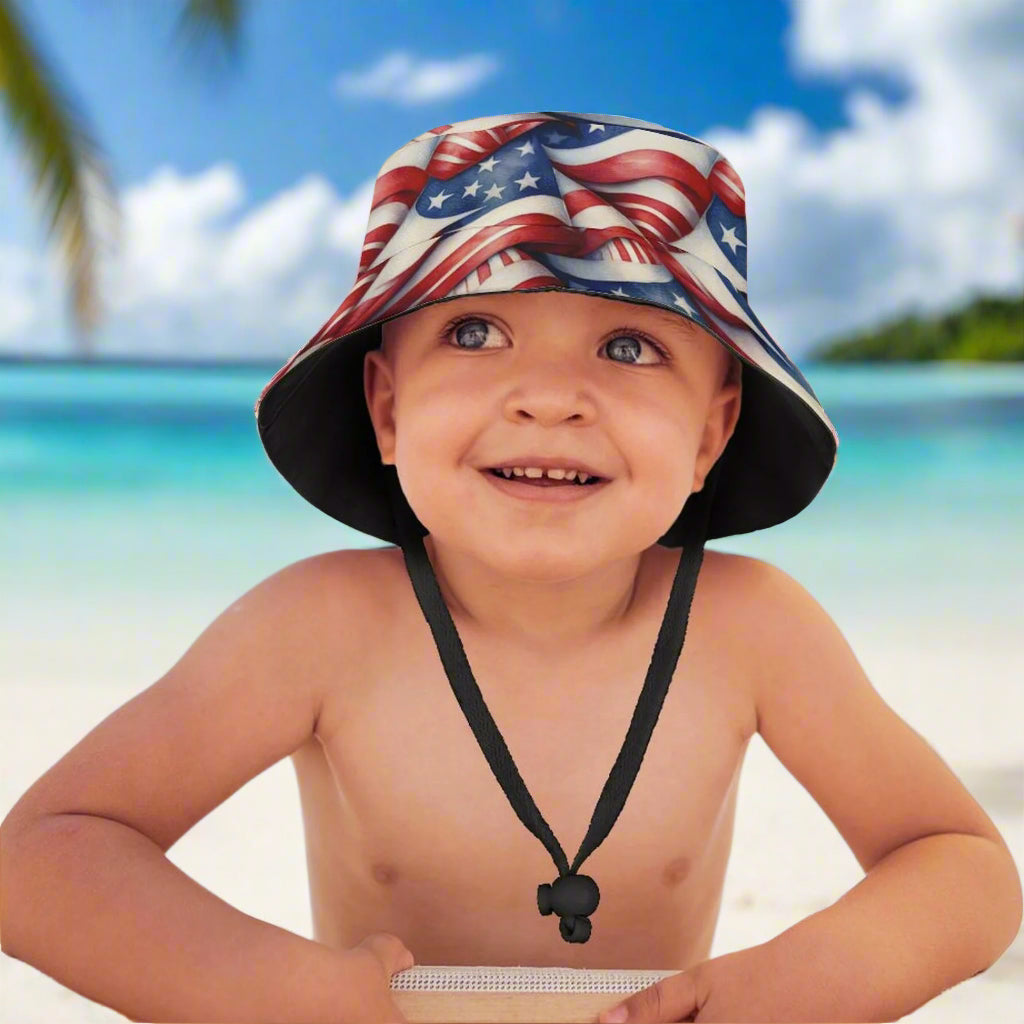 Kid wearing an Americana bucket at the celebrating Independence day on the beach