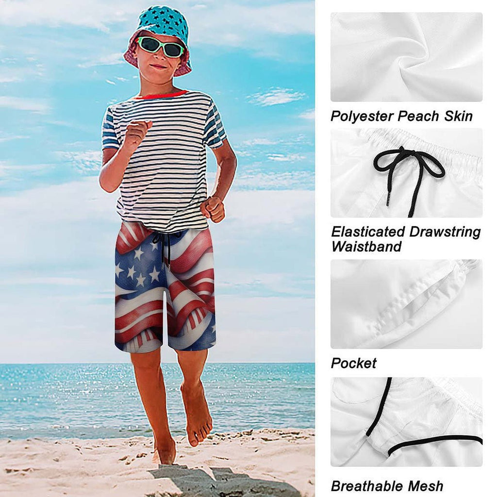 Child wearing a striped shirt and American flag shorts on a beach, with fabric details shown.