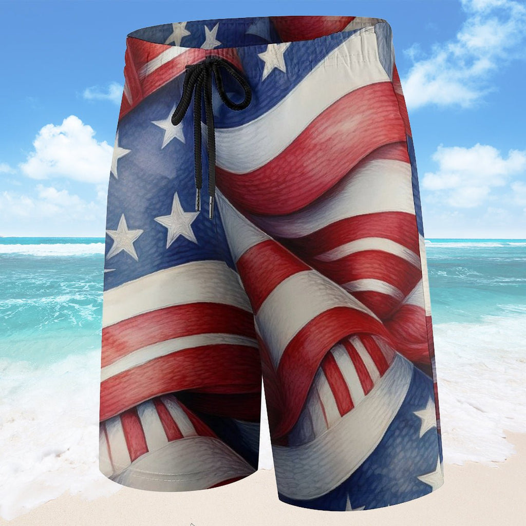 Beach shorts with American flag design on a beach background