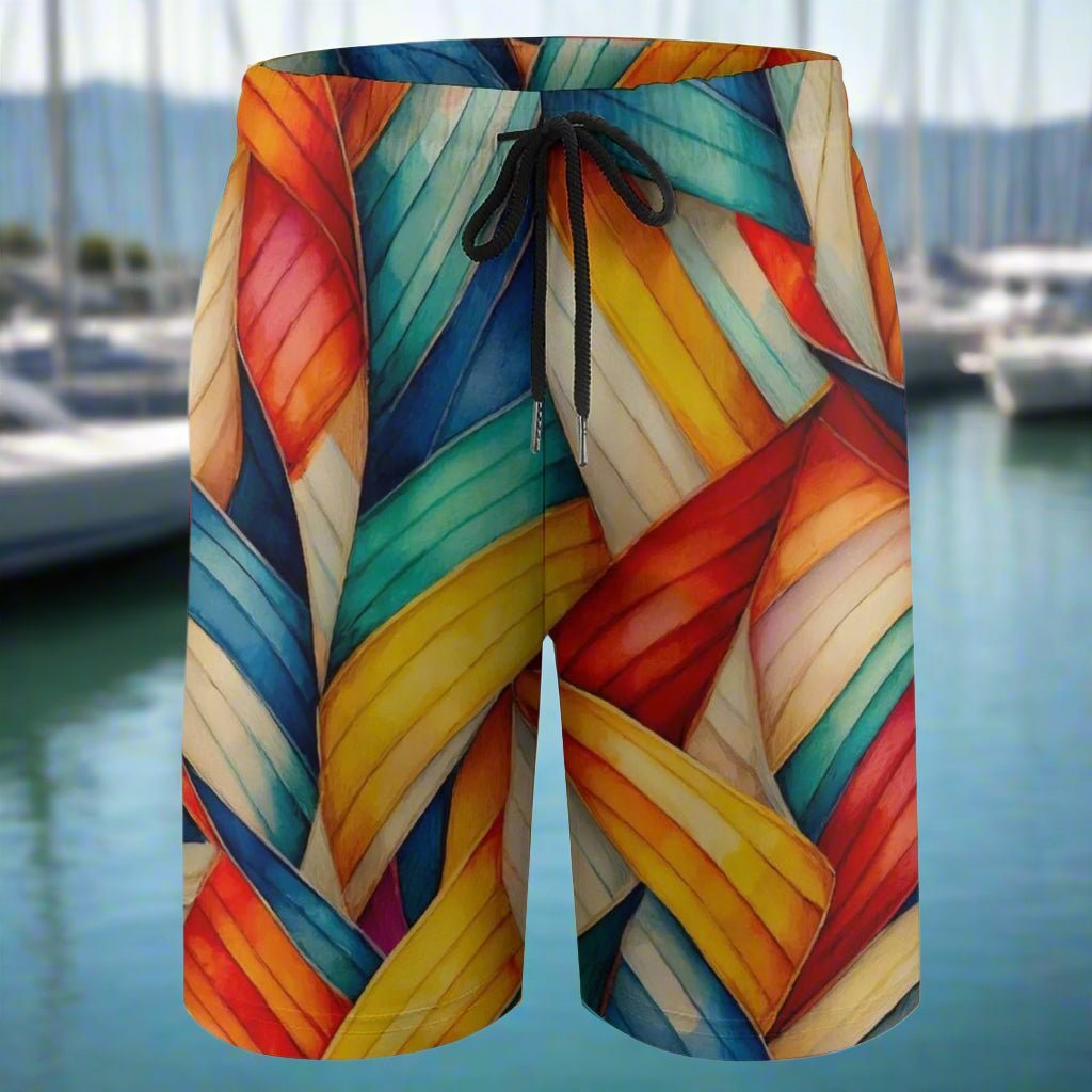 Colorful striped shorts with a blurred background of water and boats