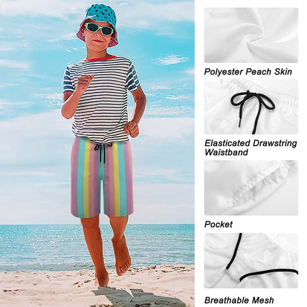 Child on a beach wearing a striped shirt, colorful shorts, and a hat with sunglasses. Fabric details shown on the right.