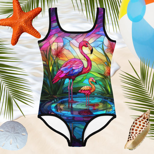 Beautiful flamingo art on a kids one piece swimsuit floating over the water's edge surrounded by beachy icons.