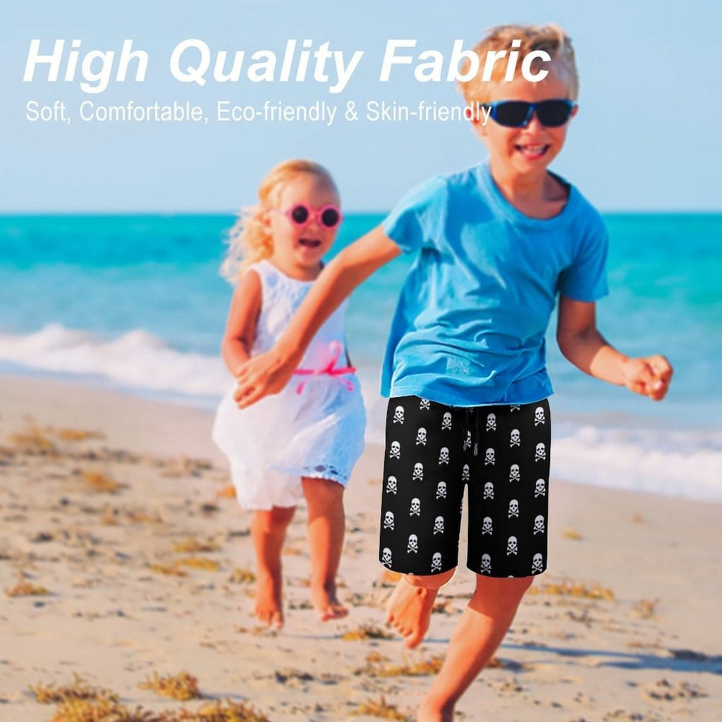 Two children running on a beach with text about high-quality fabric.