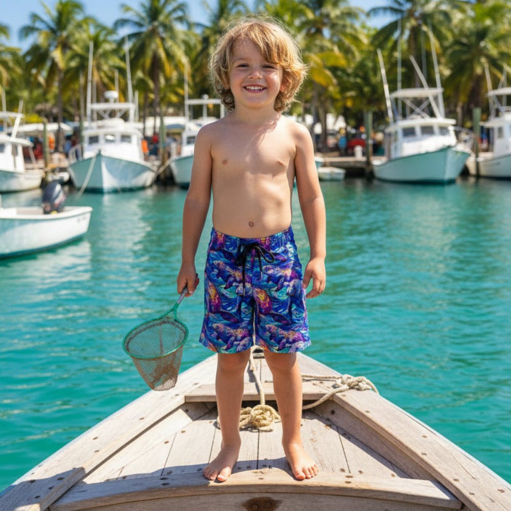 Child in colorful Kids Manatee Beach Shorts standing on a boat with boats and palm trees in the background