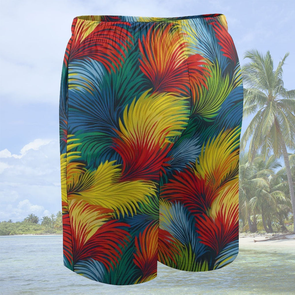 Colorful tropical leaf patterned shorts with a beach background