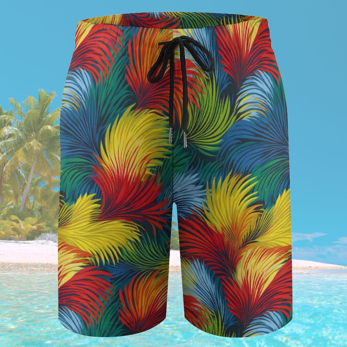 Colorful tropical leaf patterned shorts with a beach background