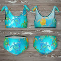 Turquoise bikini set with turtle design on a rustic nautical wood background