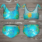 Turquoise bikini set with turtle design on a rustic nautical wood background
