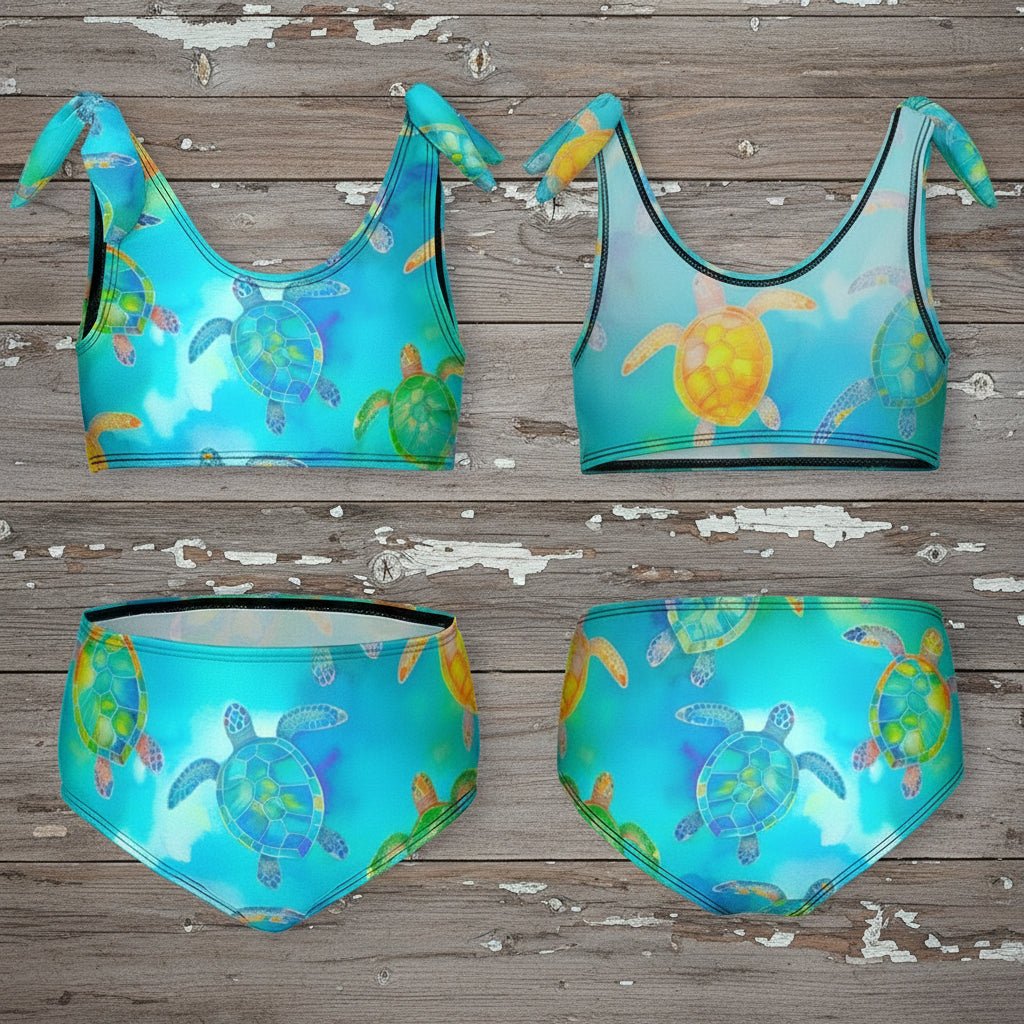 Turquoise bikini set with turtle design on a rustic nautical wood background