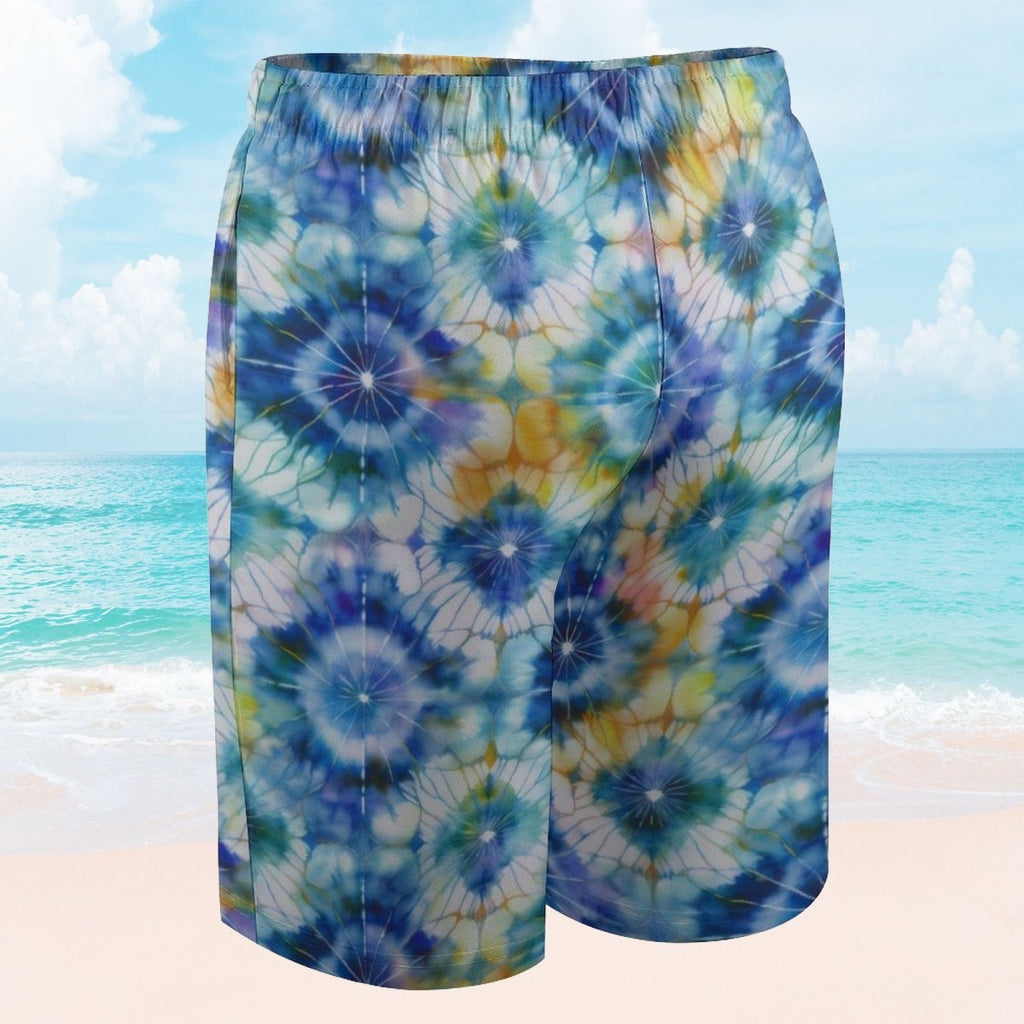 Tie-dye shorts with a beach background