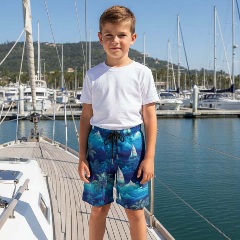 Boy standing on a sailboat wearing Blue Tropical Nights board shorts with tropical pattern featuring palm trees and sailboats.