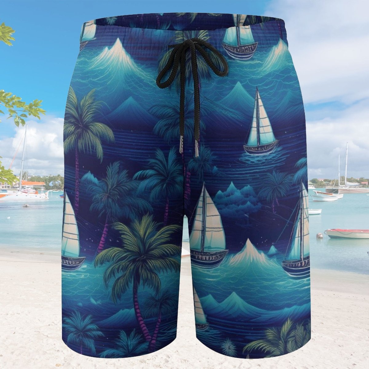 Blue tropical-themed shorts with sailboats and palm trees on a beach background