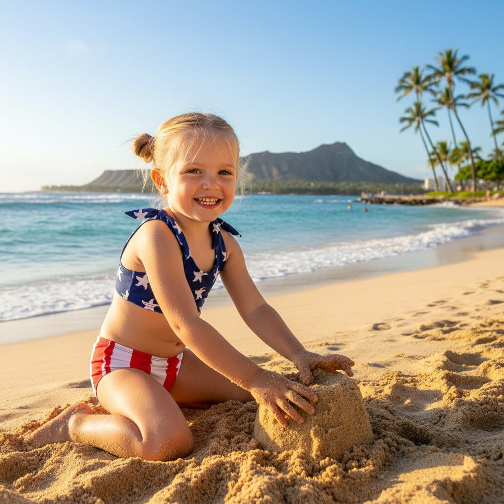 Cute little girl, wearing a Kids American Flag Bikini, building a sand castle on a Hawaiian Island beach