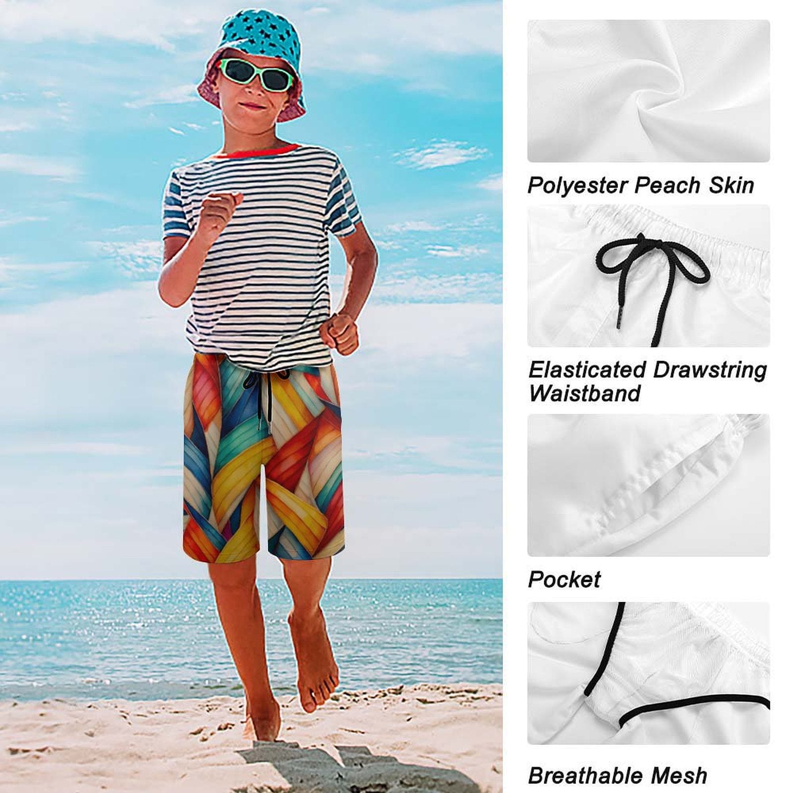 Child wearing a striped shirt and colorful shorts on a beach with fabric details shown.
