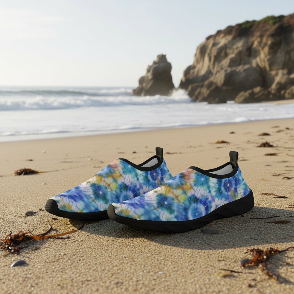 A pair of slip-on water shoes with a vibrant blue, yellow, and white shibori-tie-dye pattern, featuring black soles and trim, shown La Jolla Beach