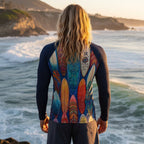 Surfer wearing a colorful surfboard patterned rash guard and shorts on a La Jolla Cove