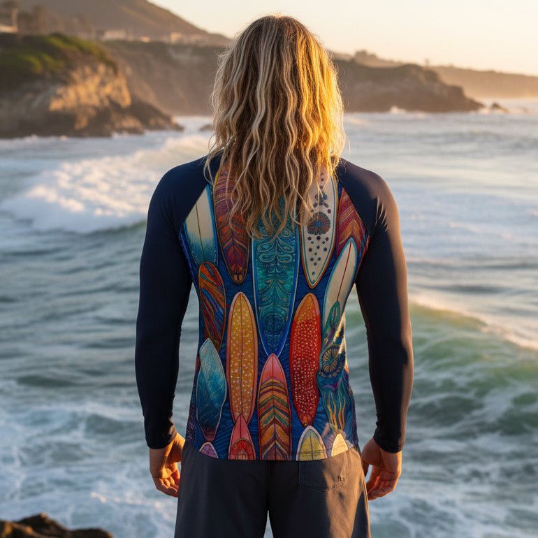 Surfer wearing a colorful surfboard patterned rash guard and shorts on a La Jolla Cove