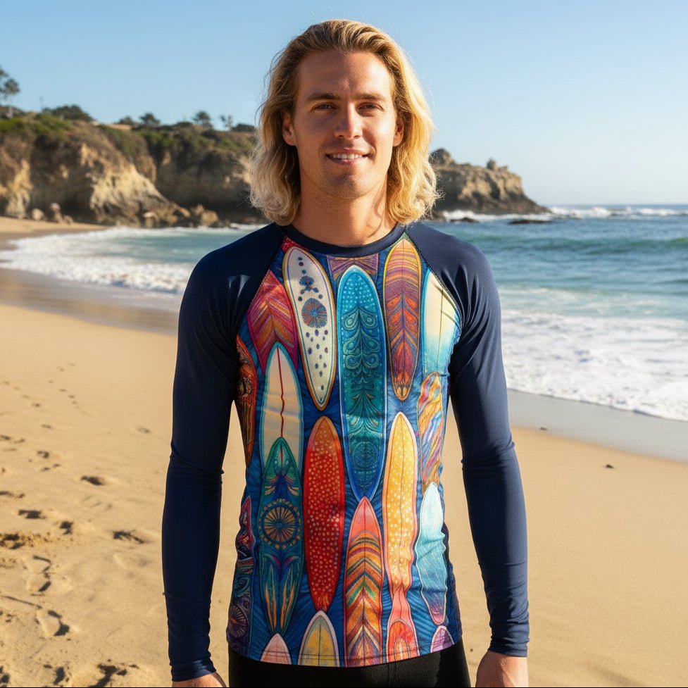 Surfer Dude wearing a long-sleeve rashie with colorful surfboard design on the beach in La Jolla Cove
