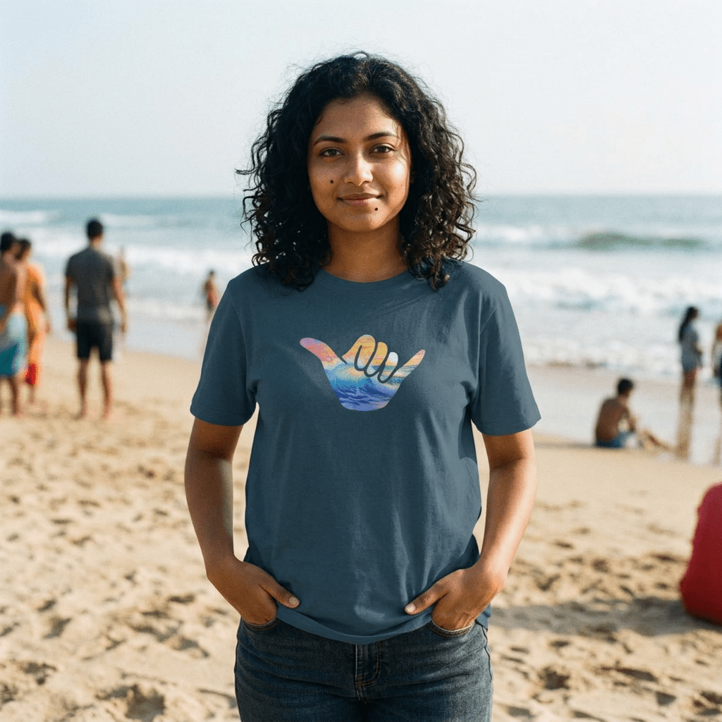 A woman with curly dark hair stands on a sandy beach wearing a slate blue t-shirt with a colorful shaka hand graphic on the chest, paired with dark jeans. The background shows the ocean, waves, and other beachgoers on La Jolla Beach