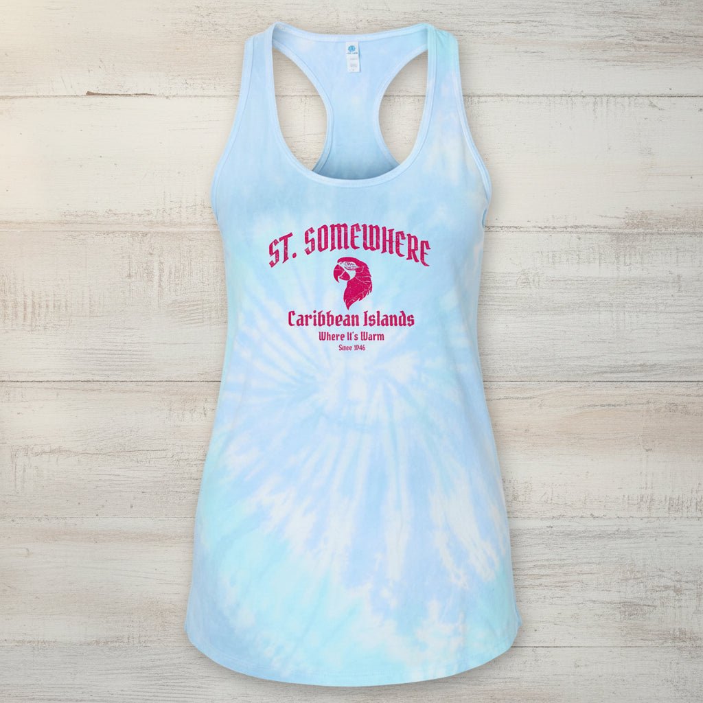 A light blue and white tie-dye racerback tank top with a pink graphic on the front reading 'ST. SOMEWHERE Caribbean Islands' and a parrot illustration.