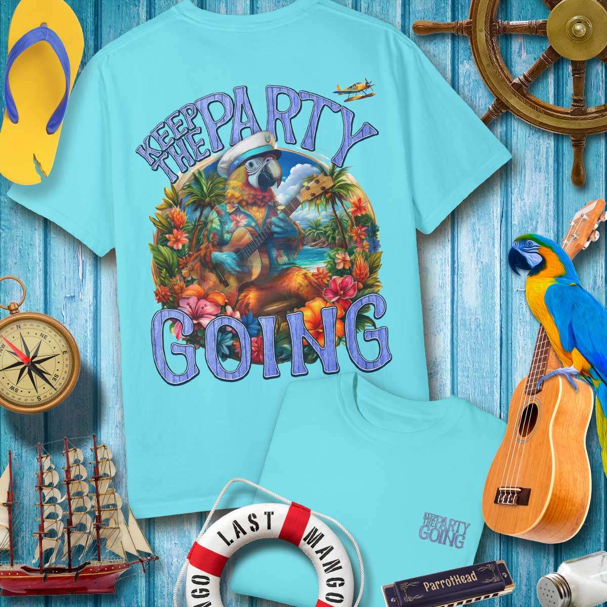 ParrotHead Keep The Party Going T-Shirt, colorful design, perfect for beach parties and music festivals.