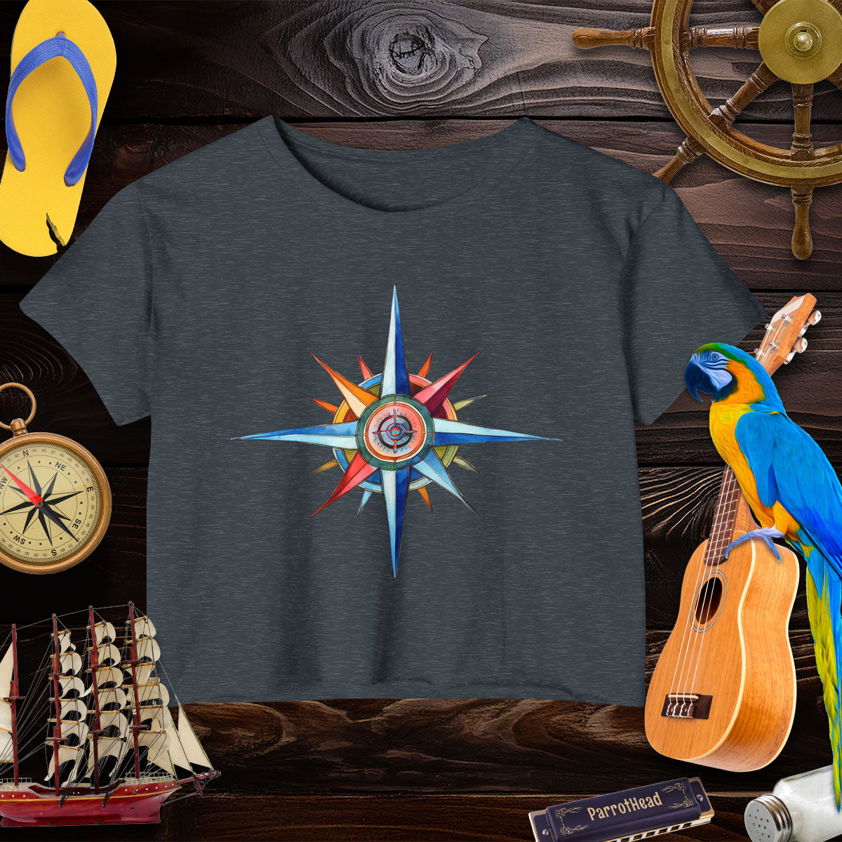 Nautical Style Crop Top | Compass Art Print Crop Tops