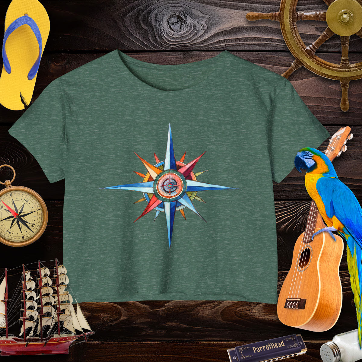 Nautical Style Crop Top | Compass Art Print Crop Tops