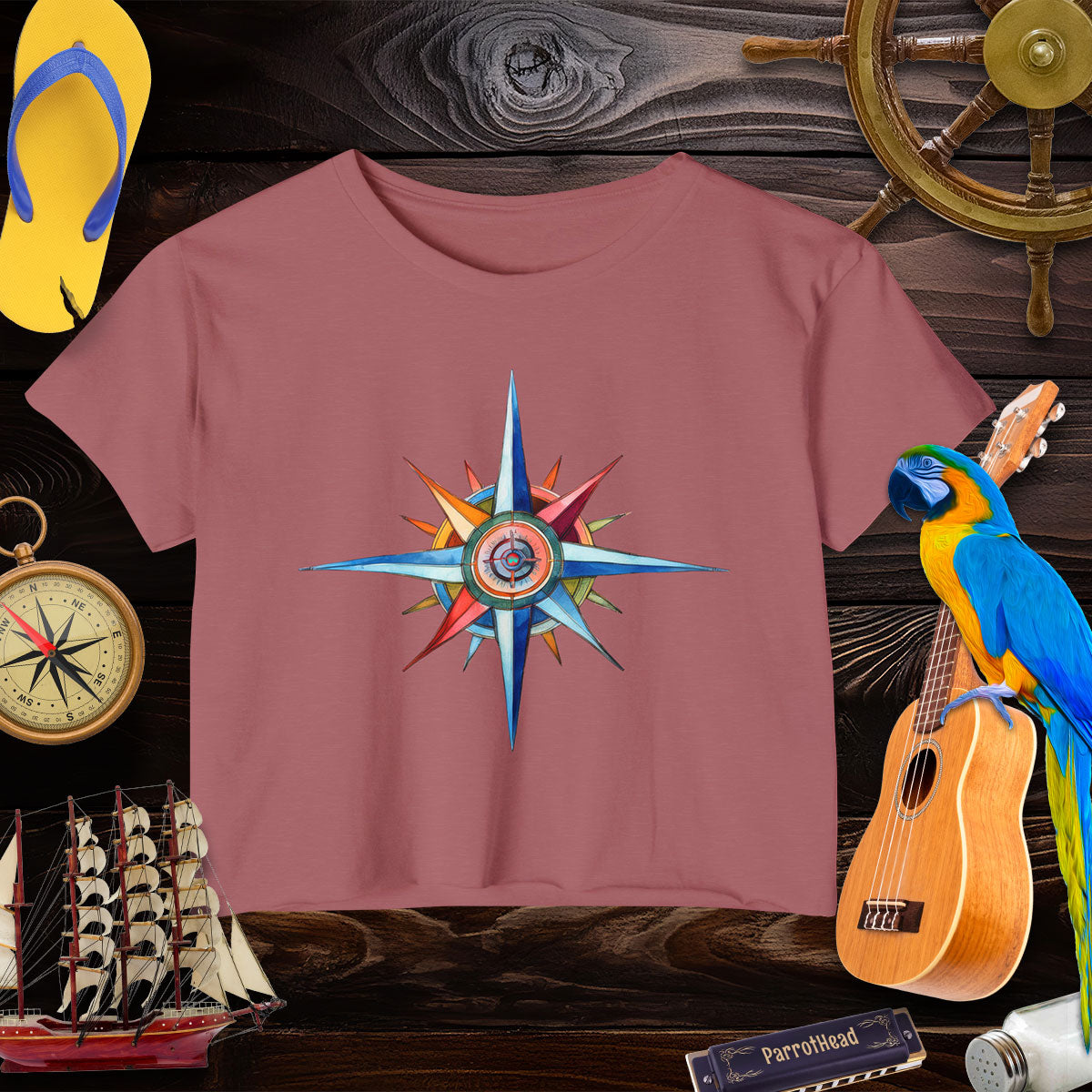 Nautical Style Crop Top | Compass Art Print Crop Tops