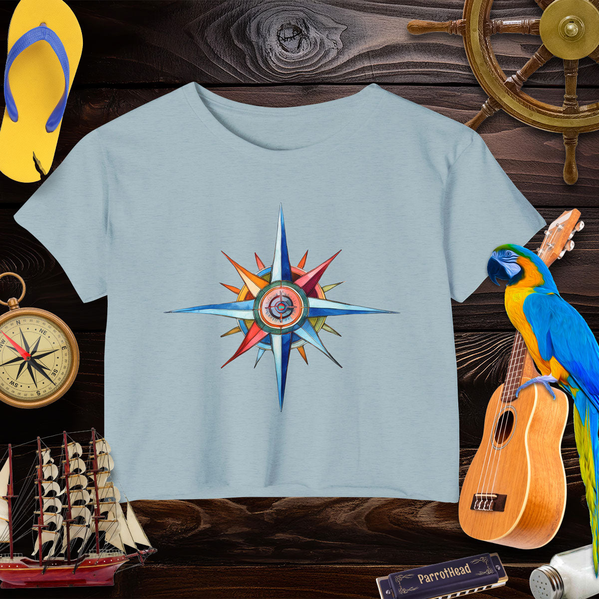 Nautical Style Crop Top | Compass Art Print Crop Tops