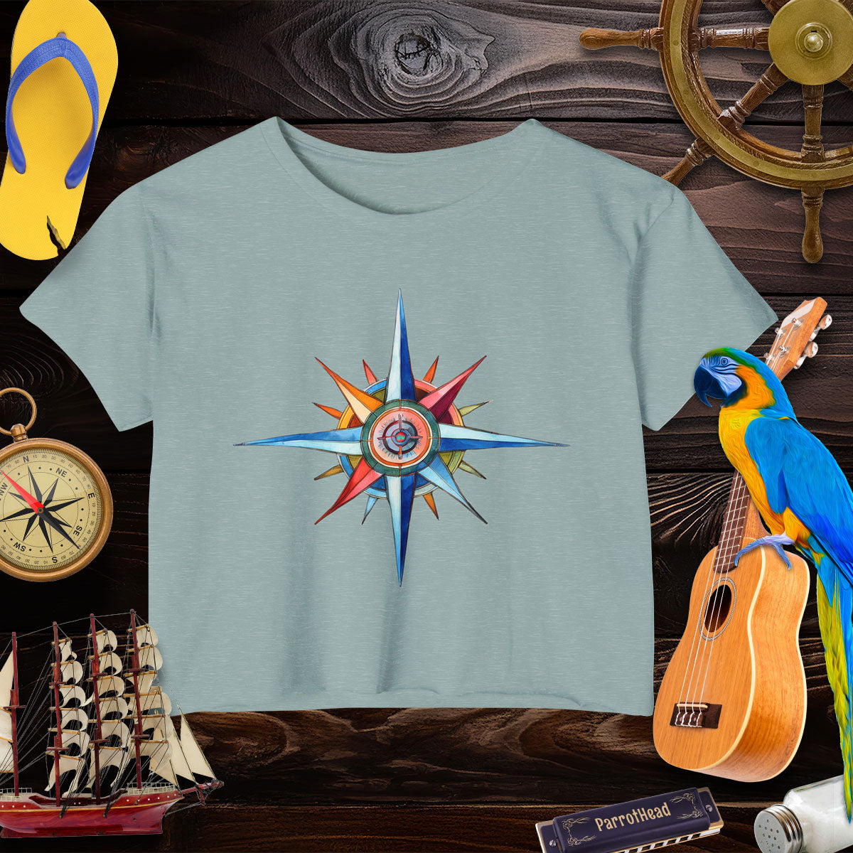 Nautical Style Crop Top | Compass Art Print Crop Tops