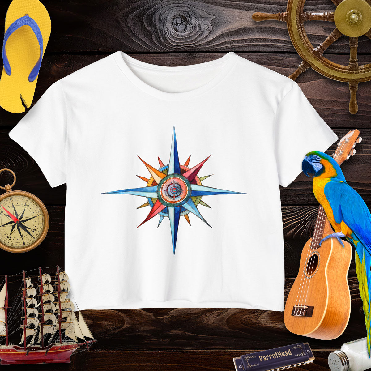 Nautical Style Crop Top | Compass Art Print Crop Tops