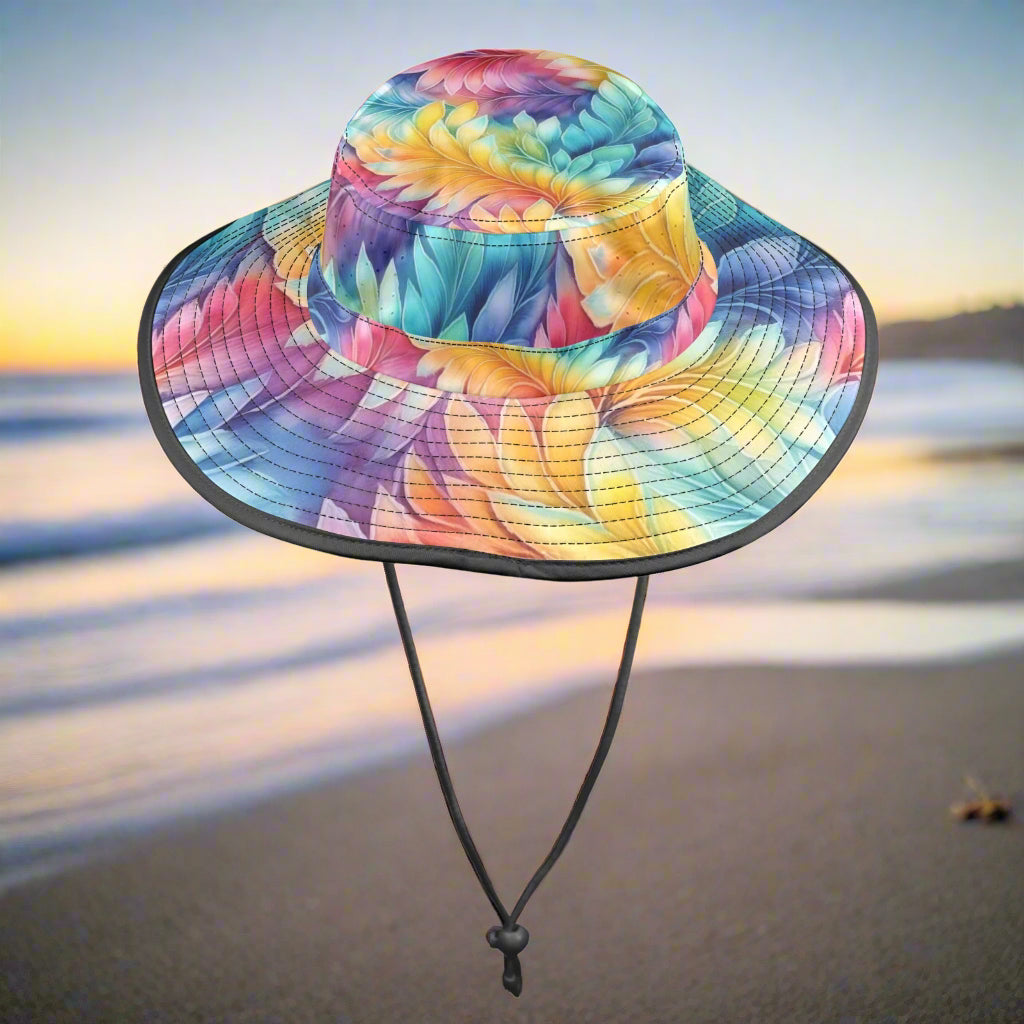 Colorful tie-dye color leafy bucket hat on a beach backdrop