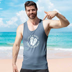 Man wearing a tank top with a beach-themed design on a beach