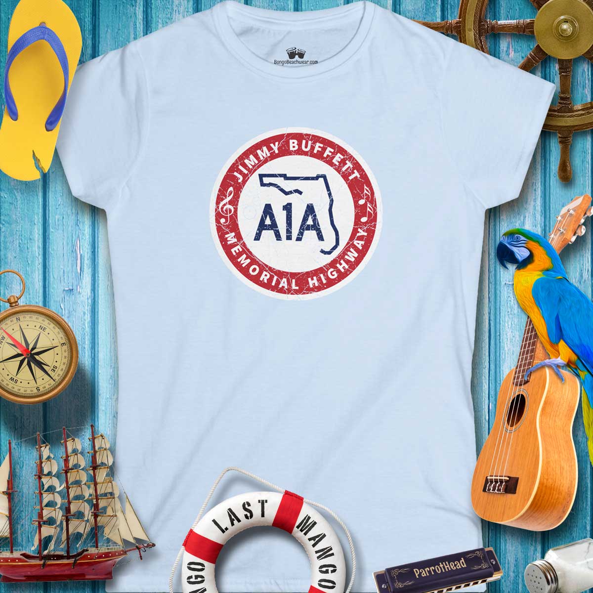 Jimmy Buffett A1A Highway Sign Women's Softstyle Tee in light blue, perfect for summer beach outings and concerts.