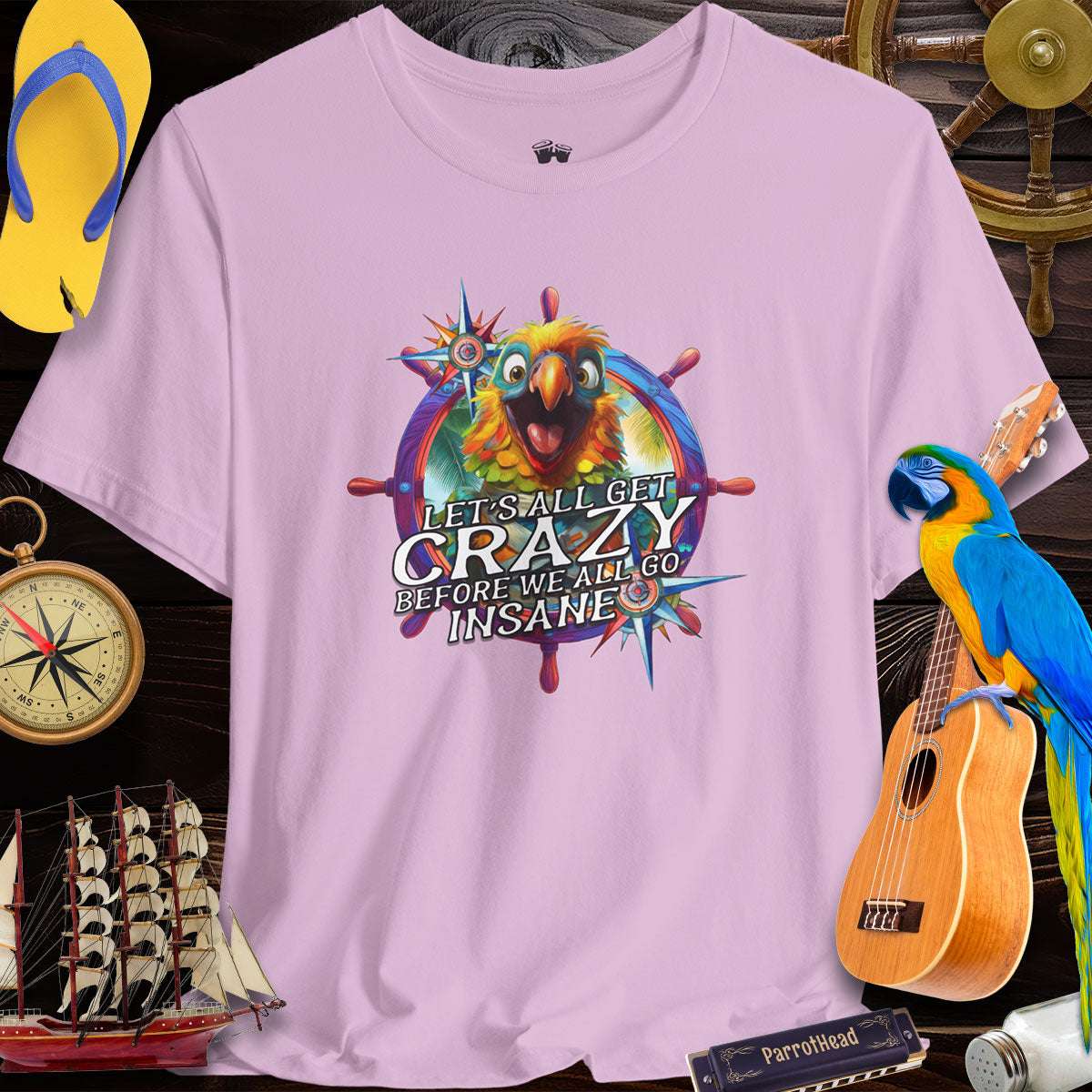 Colorful ParrotHead Tee featuring 'Let's All Get Crazy' graphic design, perfect for fans of Jimmy Buffett and tropical vibes.