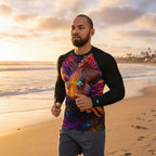 Man running on a beach with a colorful Lionfish sun rashie with black sleeves