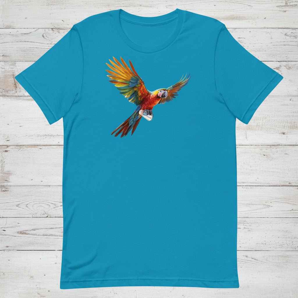 Aqua-Blue t-shirt with a colorful parrot graphic on a rustic wood background
