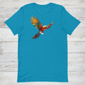 Aqua-Blue t-shirt with a colorful parrot graphic on a rustic wood background