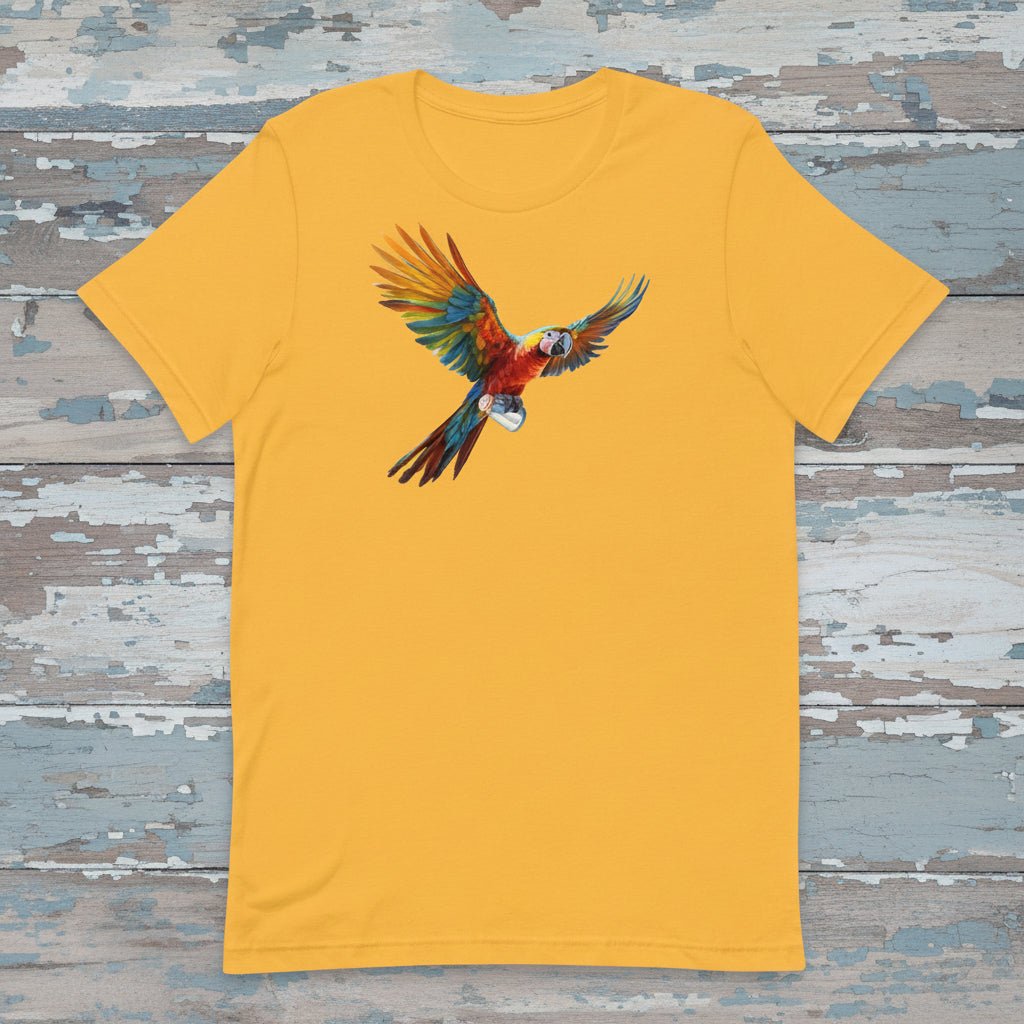 Yellow t-shirt with a colorful parrot design on a rustic wood background