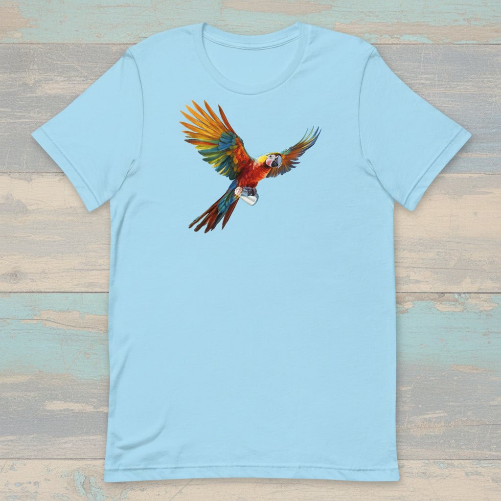 Light blue t-shirt with a colorful parrot graphic on a white background