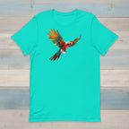 Turquoise t-shirt with a colorful parrot graphic on a nautical wood background