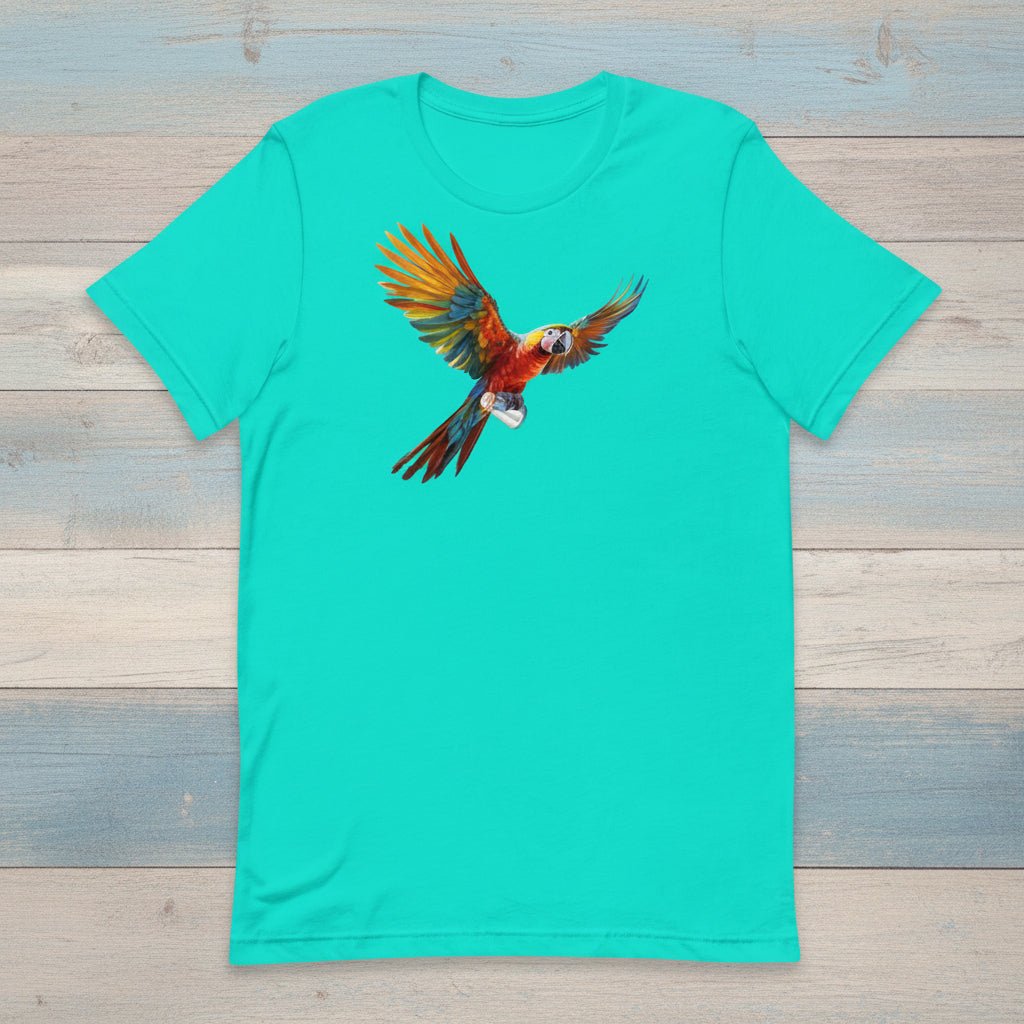 Turquoise t-shirt with a colorful parrot graphic on a nautical wood background