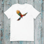 White t-shirt with a colorful parrot design on a rustic wooden background